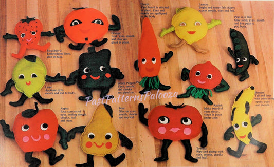 Vintage Sewing Pattern Kitsch Fruits and Veggies Bean Bag Toys Felt Fabric PDF Instant Digital Download Cute Novelty Beanbags