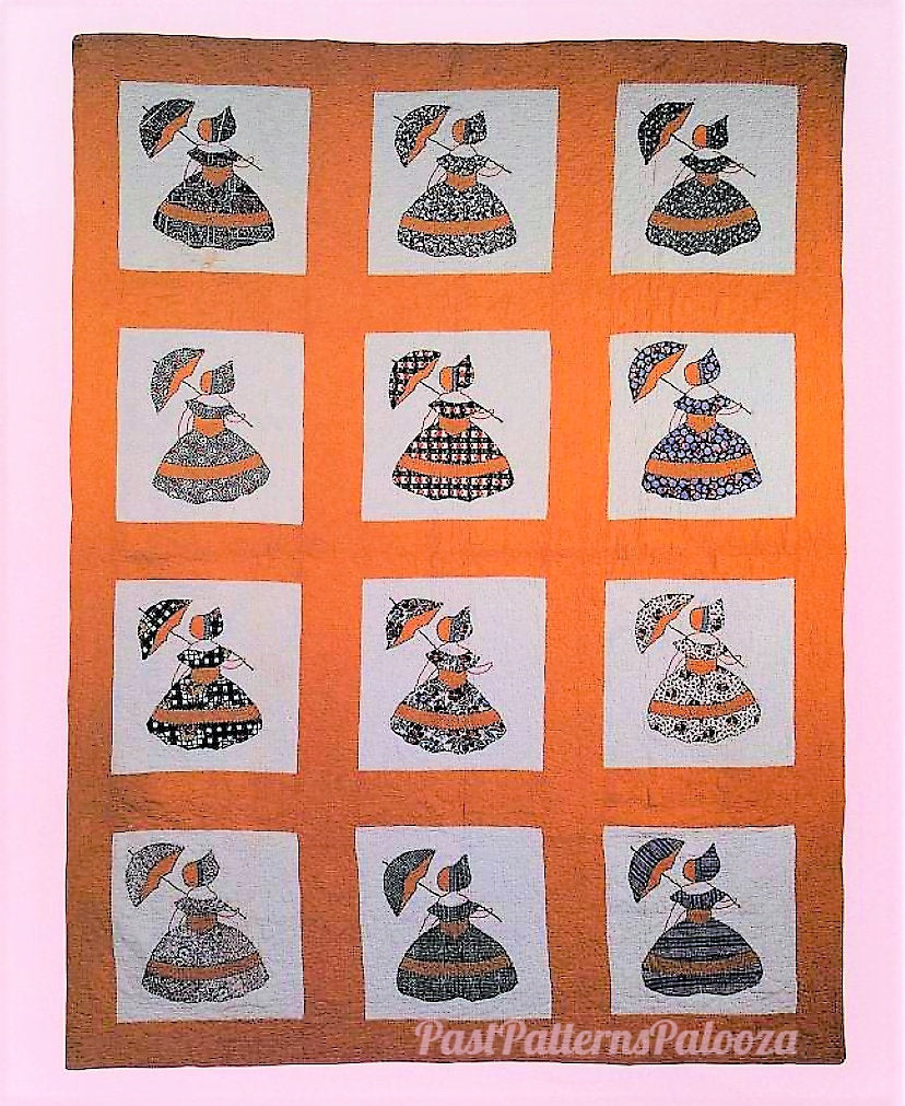 Vintage Sewing Pattern Parasol Petticoat Girls Bed Quilt PDF Instant Digital Download Colonial Crinoline Ladies Applique Blocks 66x87 1920