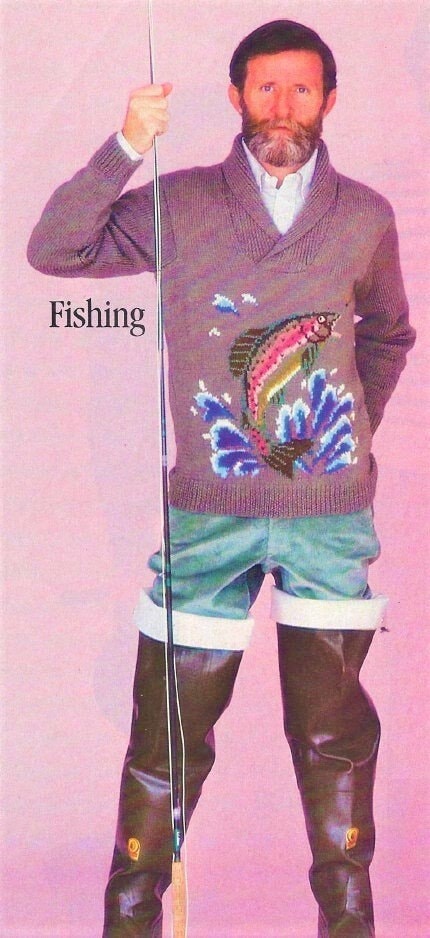 Vintage Knitting Pattern Mens Rainbow Trout Fishing Sweater Pullover Crossover Neck PDF Instant Digital Download Fishermans Delight 8 Ply