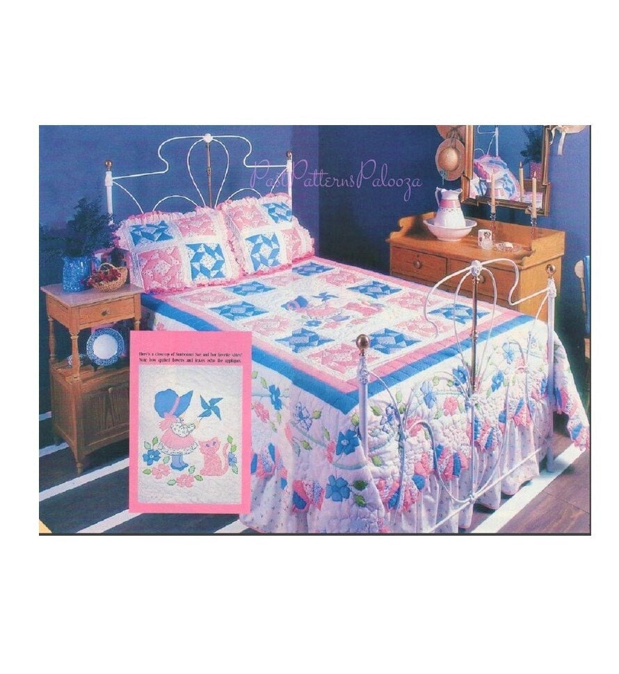 Vintage Sewing Pattern Sunbonnet Sue Quilt & Pillow Shams Set PDF Instant Digital Download Dresden Plate Patchwork Applique Bedspread 92x87