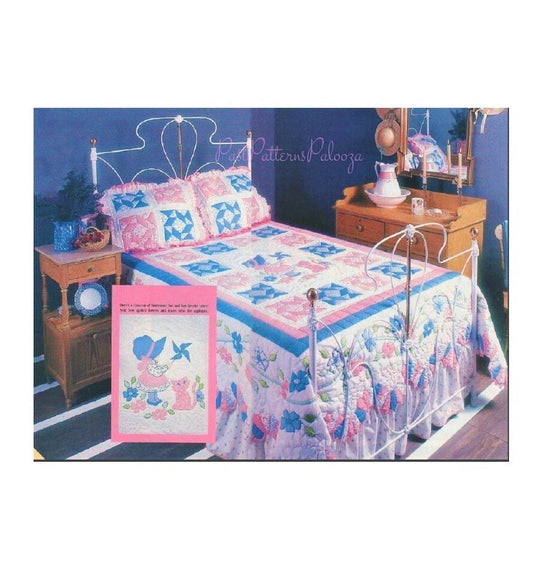 Vintage Sewing Pattern Sunbonnet Sue Quilt & Pillow Shams Set PDF Instant Digital Download Dresden Plate Patchwork Applique Bedspread 92x87