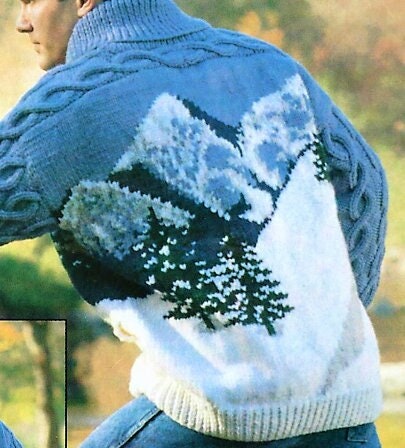 Vintage Knitting Pattern Mens Mountain Sweater Jacket Cabled PDF Instant Digital Download Northern Mountain Scene Front Zip Style 12 Ply