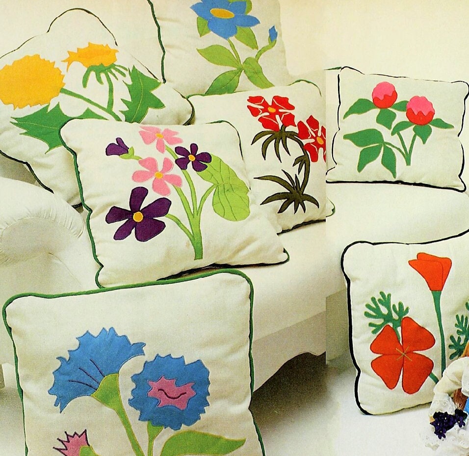 Vintage Sewing Pattern 20" Wildflower Applique Pillows 8 Beautiful Floral Designs PDF Instant Digital Download Retro 1970s