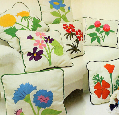 Vintage Sewing Pattern 20" Wildflower Applique Pillows 8 Beautiful Floral Designs PDF Instant Digital Download Retro 1970s
