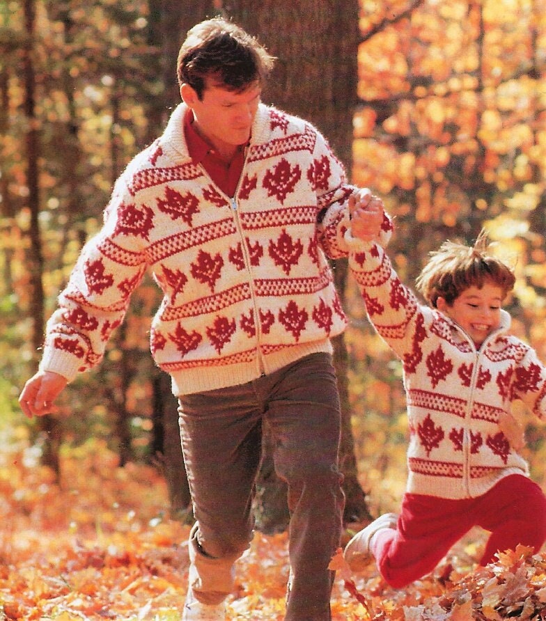 Vintage Knitting Pattern Maple Leaf Jackets Fair Isle Chunky Knit PDF Instant Digital Download Family Sweater Front Zip 12 Ply
