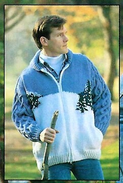Vintage Knitting Pattern Mens Mountain Sweater Jacket Cabled PDF Instant Digital Download Northern Mountain Scene Front Zip Style 12 Ply
