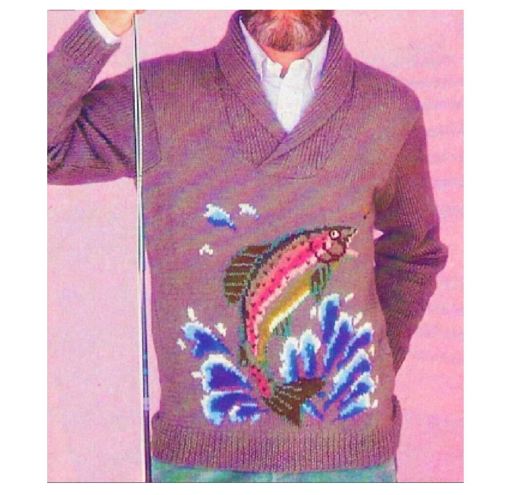 Vintage Knitting Pattern Mens Rainbow Trout Fishing Sweater Pullover Crossover Neck PDF Instant Digital Download Fishermans Delight 8 Ply