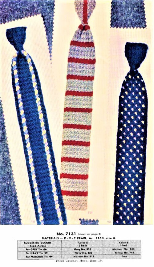 Vintage Crochet Thread Pattern Mens Neck Tie Solids Stripes Dots PDF Instant Digital Download Cotton Thread