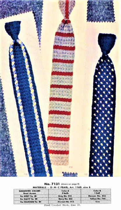 Vintage Crochet Thread Pattern Mens Neck Tie Solids Stripes Dots PDF Instant Digital Download Cotton Thread