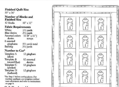 Vintage Sewing Pattern Overall Sam Childs Bed Quilt PDF Instant Digital Download Boys Twin Bed Applique Bedspread Sunbonnet 55x76