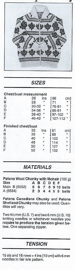 Vintage Knitting Pattern Maple Leaf Jackets Fair Isle Chunky Knit PDF Instant Digital Download Family Sweater Front Zip 12 Ply