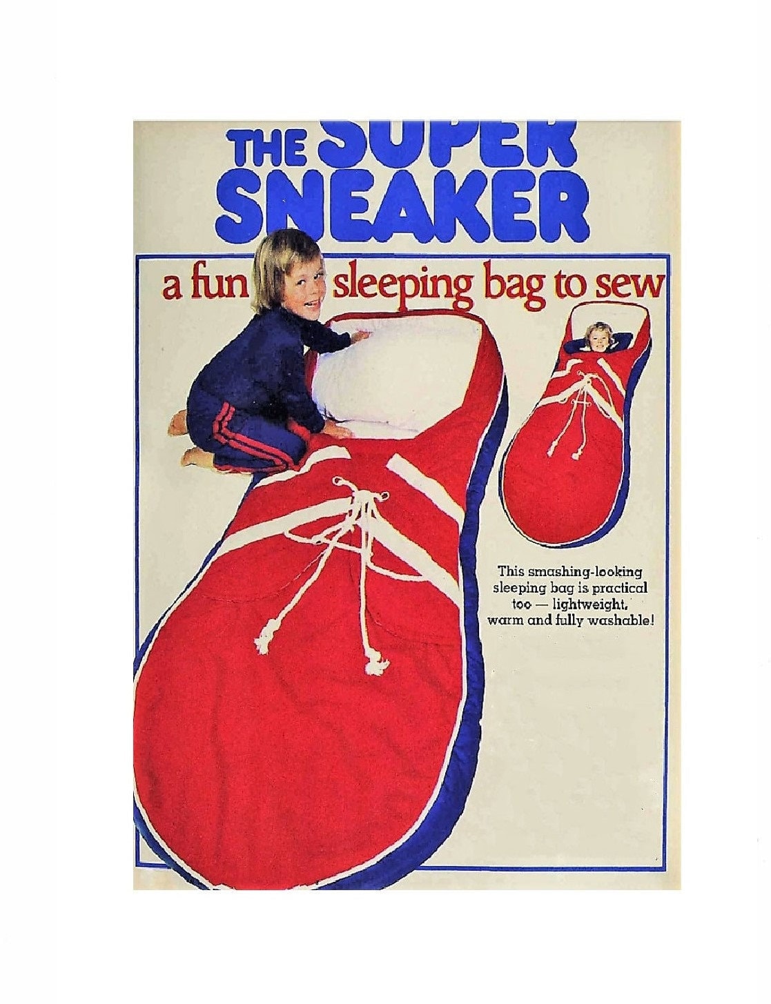 Vintage Sewing Pattern Kids Giant Sneaker Shoe Sleeping Bag PDF Instant Digital Download 1970s Large Cotton Fabric Running Shoe Design 71"