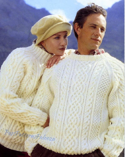 Vintage Knitting Pattern His & Hers Classic Aran Sweaters Cable Knit Pullovers PDF Instant Digital Download Womens Mens Knit Jumpers 10 Ply