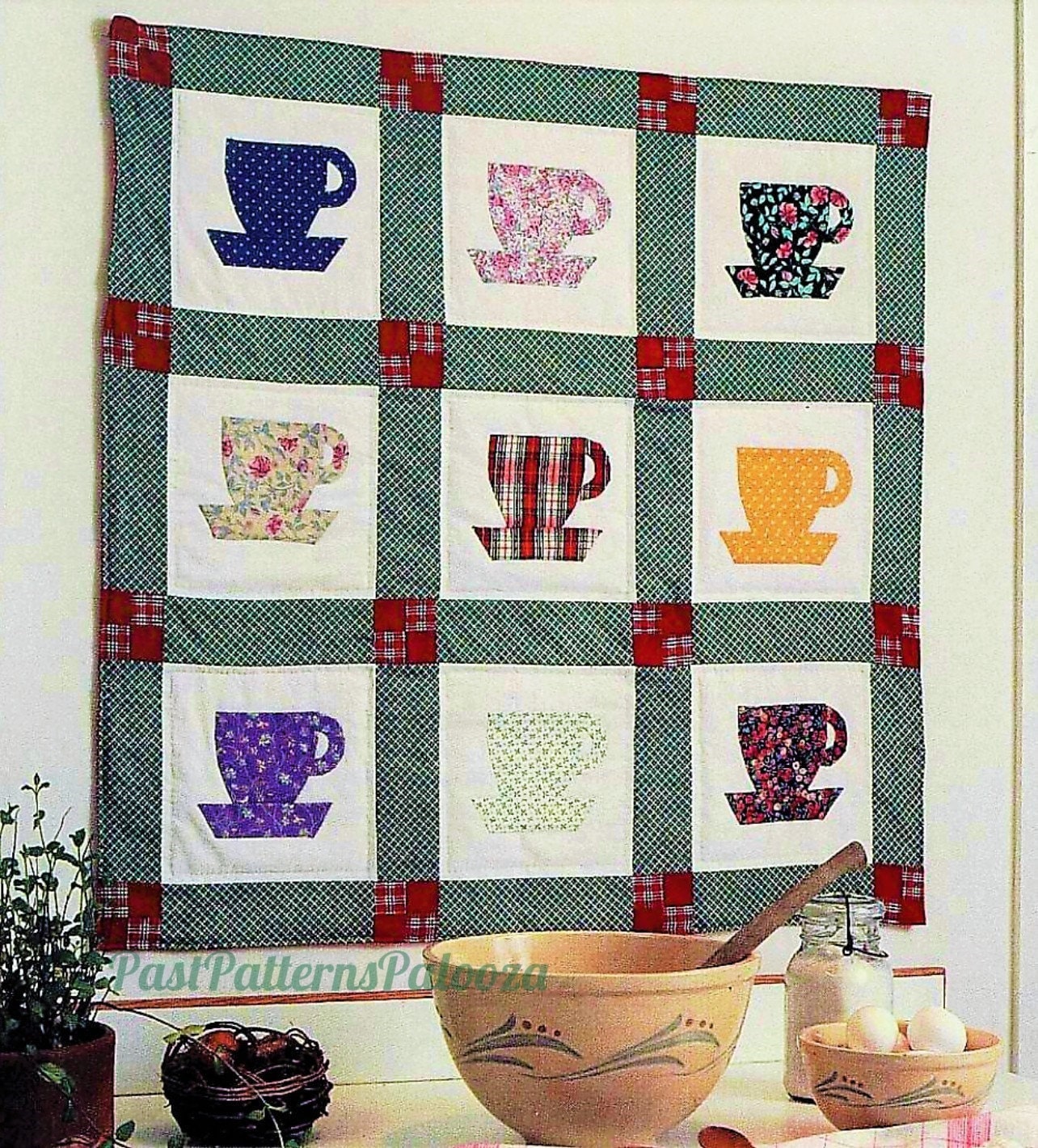 Vintage Sewing Pattern Calico Teacups Quilt Wall Hanging PDF Instant Digital Download Applique Tea Cups 34 x 34