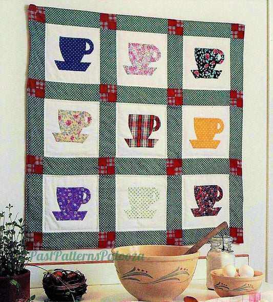 Vintage Sewing Pattern Calico Teacups Quilt Wall Hanging PDF Instant Digital Download Applique Tea Cups 34 x 34
