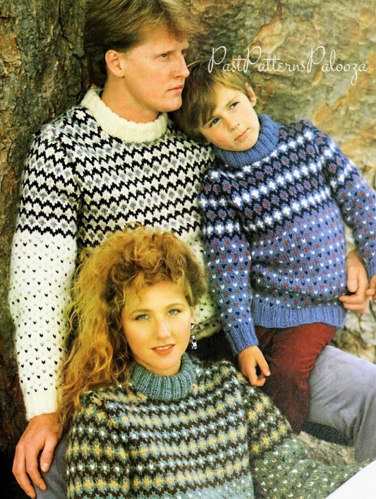 Vintage Knitting Pattern Classic Family Fair Isle Sweaters Traditional Chunky Knit PDF Instant Digital Download Pullover Jumpers 12 Ply