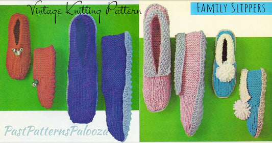 Vintage Knitting Pattern Quick Easy Knit Family Slippers Shoes PDF Instant Digital Download Retro Womens Mens Kids Seed Stitch Cuffs 10 Ply