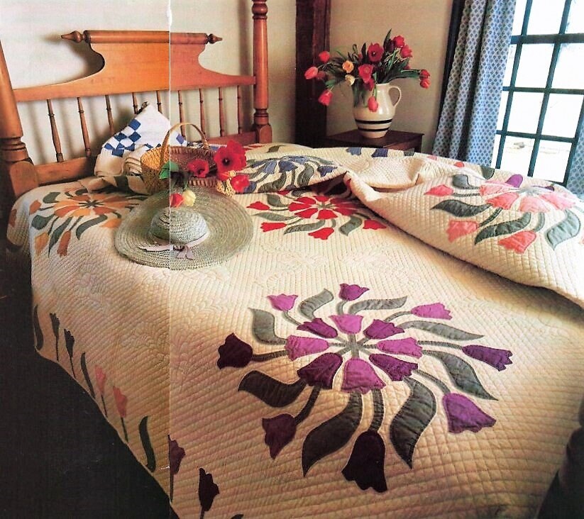 Vintage Sewing Pattern Quilted Tulip Wheels Swirls Bed Quilt PDF Instant Digital Download Patchwork Springtime Flower Bedspread 88x88