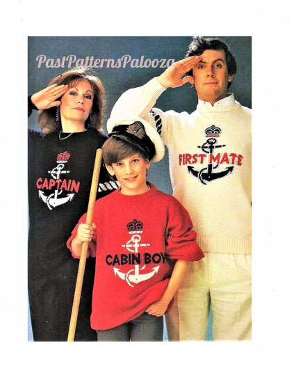 Vintage Knitting Pattern Funny Nautical Family Sweaters Captain First Mate Cabin Boy PDF Instant Digital Download Womens Mens Childs Jumpers