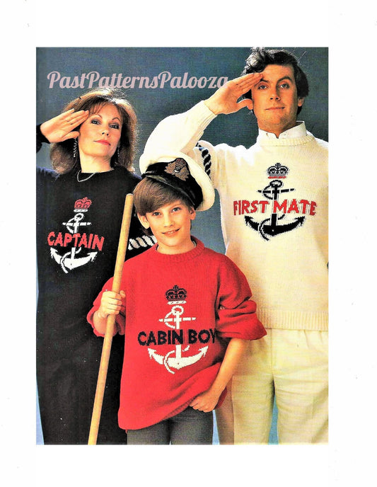 Vintage Knitting Pattern Funny Nautical Family Sweaters Captain First Mate Cabin Boy PDF Instant Digital Download Womens Mens Childs Jumpers