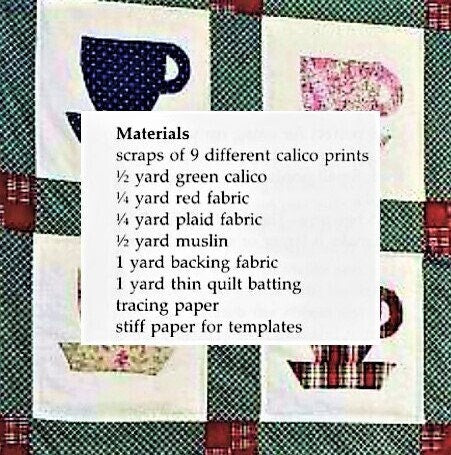 Vintage Sewing Pattern Calico Teacups Quilt Wall Hanging PDF Instant Digital Download Applique Tea Cups 34 x 34