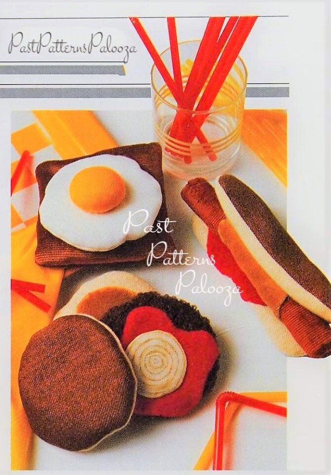 Vintage Sewing Pattern Life Sized Bean Bag Food Fabric Egg on Toast Hot Dog Hamburger PDF Instant Digital Download Fabric Novelty Toys
