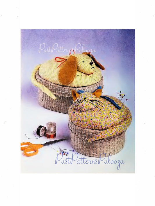 Vintage Sewing Pattern Fabric Gingham Dog and Calico Cat Sewing Baskets PDF Instant Digital Download Puppy Kitty Sewing Notions Holders
