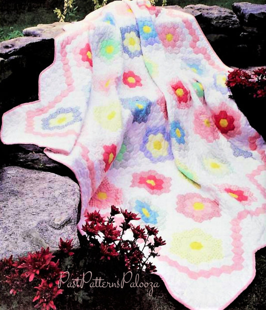 Vintage Sewing Pattern Grandmas Rose Garden Patchwork Quilt Blanket PDF Instant Digital Download Hexagon Rosettes and Diamonds 85x93