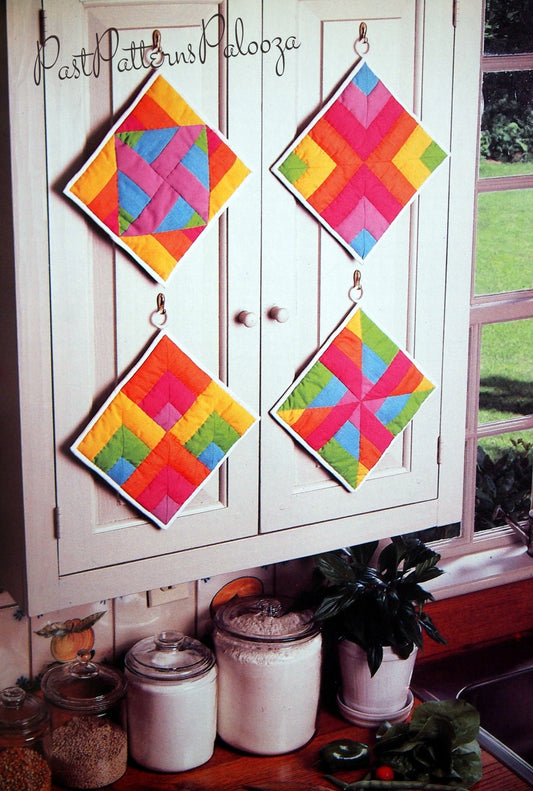 Vintage Sewing Pattern Quilted Geometric Patchwork Square Potholders PDF Instant Digital Download Colorful Parquetry Quilt Pot Holders