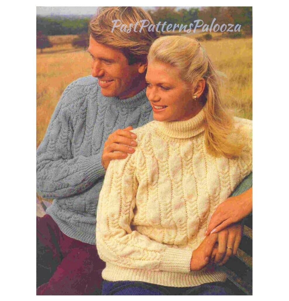 Vintage Knitting Pattern Mens Womens Broken Cable Pullover Sweaters Crewneck Turtleneck PDF Instant Digital Download Adult Jumpers DK 8 Ply