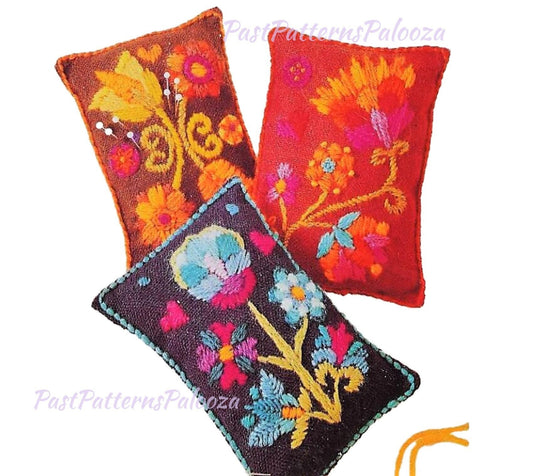 Vintage Embroidery Sewing Pattern 6" Folk Art Flower Pincushions PDF Instant Digital Download 3 Retro Groovy Embroidered Pincushion Designs