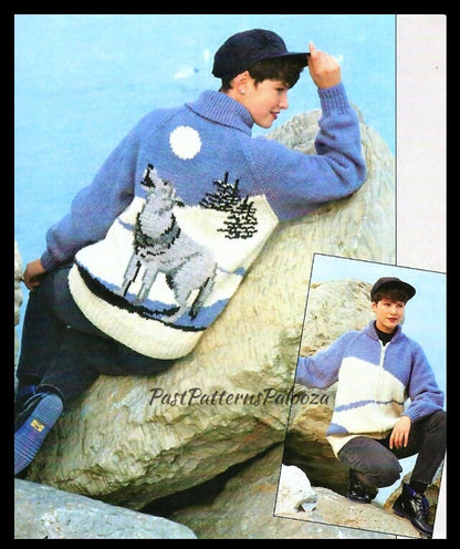 Vintage Knitting Pattern Knit Lone Wolf Sweater Jacket PDF Instant Digital Download Unisex Northern Grey Wolf Front Zip Style 12 Ply