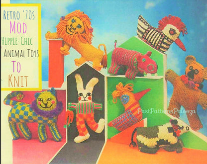 Vintage Knitting Pattern Knit Mod Menagerie Animals PDF Instant Digital Download 1968 Knitted Funky Hippie Psychedelic Amigurumi Soft Toys