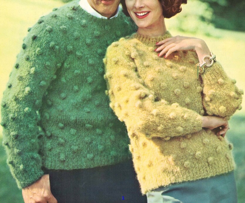Vintage Knitting Pattern His & Hers Bobble Stitch Pullover Sweaters PDF Instant Digital Download Womens Mens 1960s Knit Jumpers 10 Ply