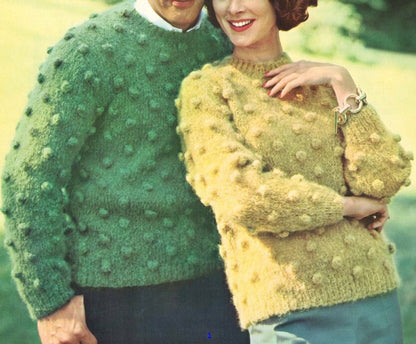 Vintage Knitting Pattern His & Hers Bobble Stitch Pullover Sweaters PDF Instant Digital Download Womens Mens 1960s Knit Jumpers 10 Ply