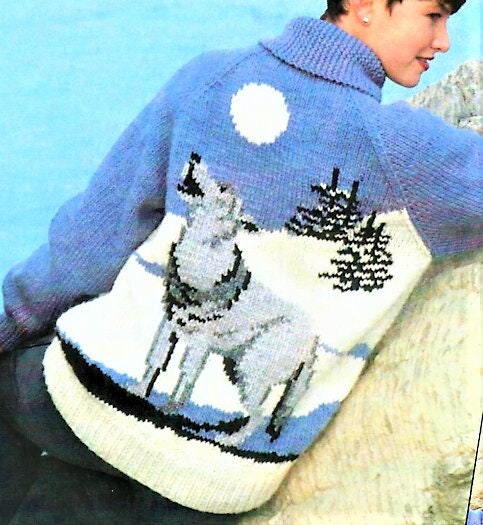 Vintage Knitting Pattern Knit Lone Wolf Sweater Jacket PDF Instant Digital Download Unisex Northern Grey Wolf Front Zip Style 12 Ply