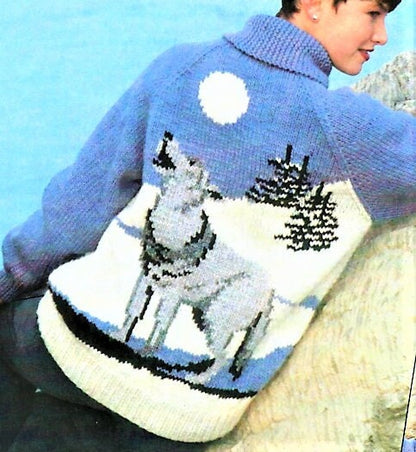 Vintage Knitting Pattern Knit Lone Wolf Sweater Jacket PDF Instant Digital Download Unisex Northern Grey Wolf Front Zip Style 12 Ply