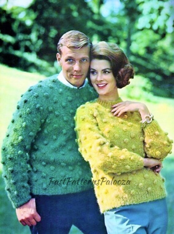 Vintage Knitting Pattern His & Hers Bobble Stitch Pullover Sweaters PDF Instant Digital Download Womens Mens 1960s Knit Jumpers 10 Ply