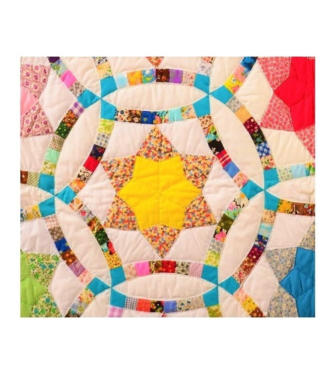 Vintage Sewing Pattern Golden Double Wedding Ring Bed Quilt PDF Instant Digital Download Patchwork Heirloom Rings Stars Bedspread 84 x 96