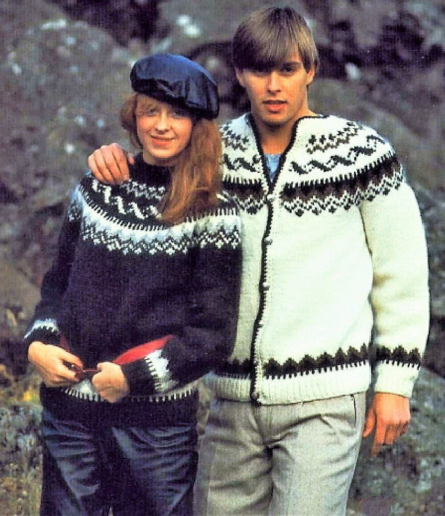 Vintage Knitting Pattern Nordic Icelandic Knit Wool Sweaters Pullover & Cardigan Curled Ribbon Motif PDF Instant Digital Download Fair Isle