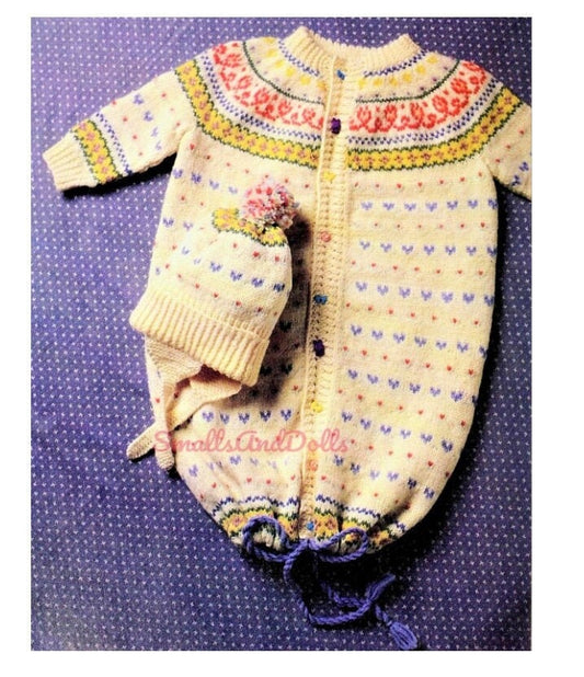Vintage Knitting Pattern Knit Fair Isle Baby Bunting Sleeping Bag with Pompom Hat PDF Instant Digital Download 0-6m 5 Ply