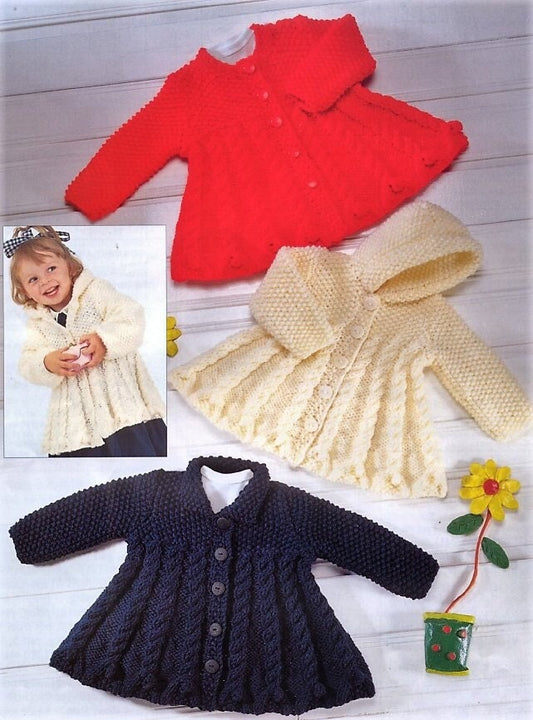 Vintage Knitting Pattern Baby Child Girl Chunky Cable Swing Coats PDF Instant Digital Download Flared Hooded Coat 0-9 yrs 12 Ply