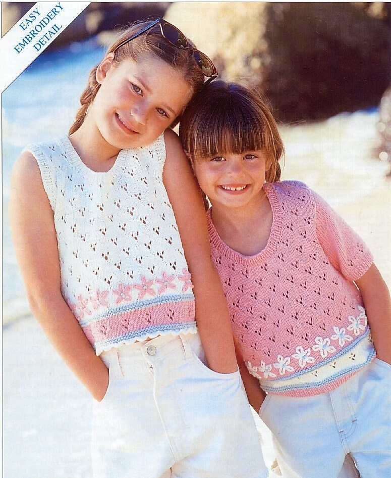 Vintage Knitting Pattern Girls Summer Tops Lazy Daisy Lacy Eyelet Design PDF Instant Digital Download Toddler and Big Girls 1 - 11 Yrs DK
