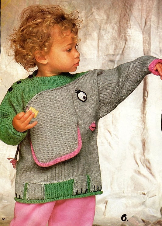 Vintage Knitting Pattern Childs Kids Elephant Sweater PDF Instant Digital Download Toddler Animal Pullover Sweater 2 3 4 yrs 5 Ply