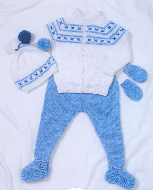 Vintage Knitting Pattern Baby Boy Jacket Leggings Hat Mitts Set PDF Instant Digital Download Embroidered Yoke 0 - 2 Years DK 8 Ply