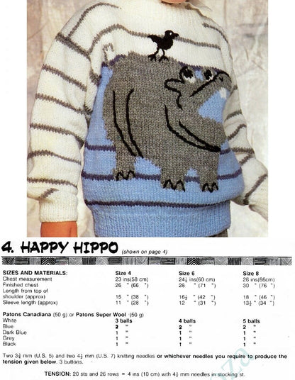 Vintage Knitting Pattern Childs Kids Hippo Hippopotamus Sweater PDF Instant Digital Download Kids Animal Pullover 4-6-8 yrs 10 Ply