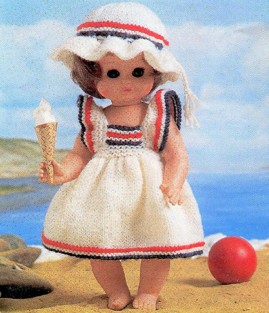 Vintage Knitting Pattern Doll Clothes Summer Dress Beach Outfit Sundress Sun Hat 9-16 Inch Dolls PDF Instant Digital Download DK 8 Ply