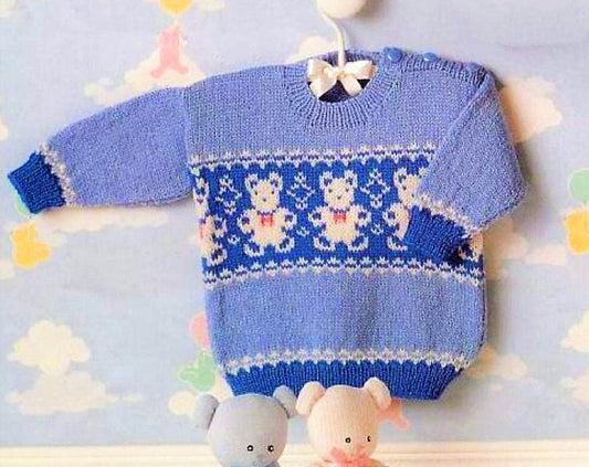 Vintage Knitting Pattern Baby Boy to Toddler Knit Fair Isle Teddy Bears Motif Sweater Jumper PDF Instant Digital Download 0-2 yrs 5 Ply