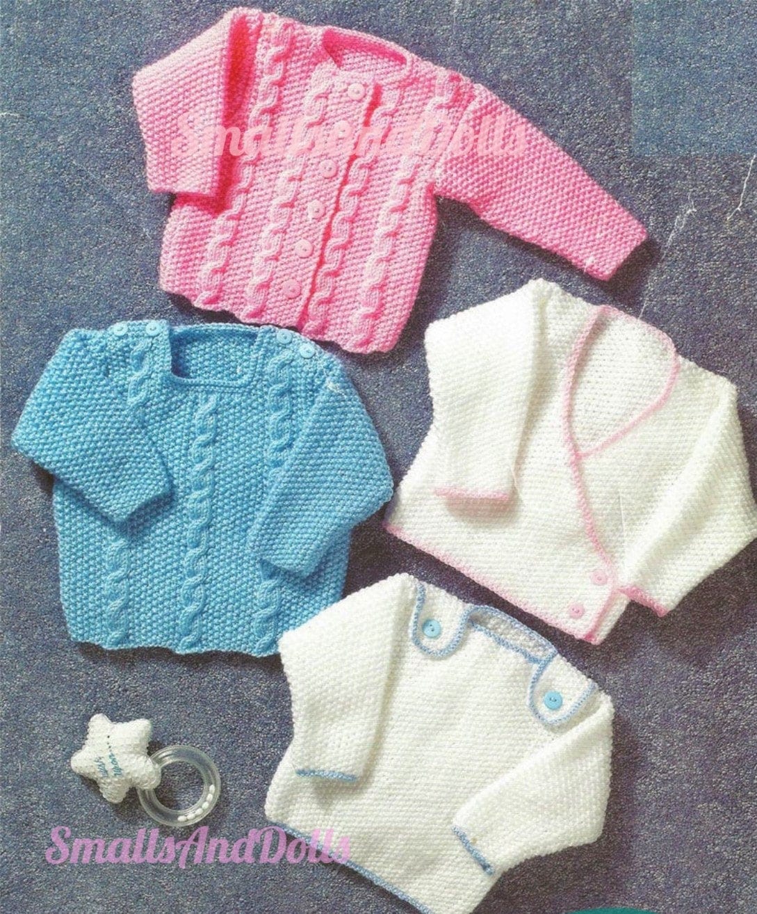 Vintage Knitting Pattern Plain & Cabled Aran Baby Sweaters 4 Styles Moss Stitch PDF Instant Digital Download Cardigan Crossover 0-4 yrs