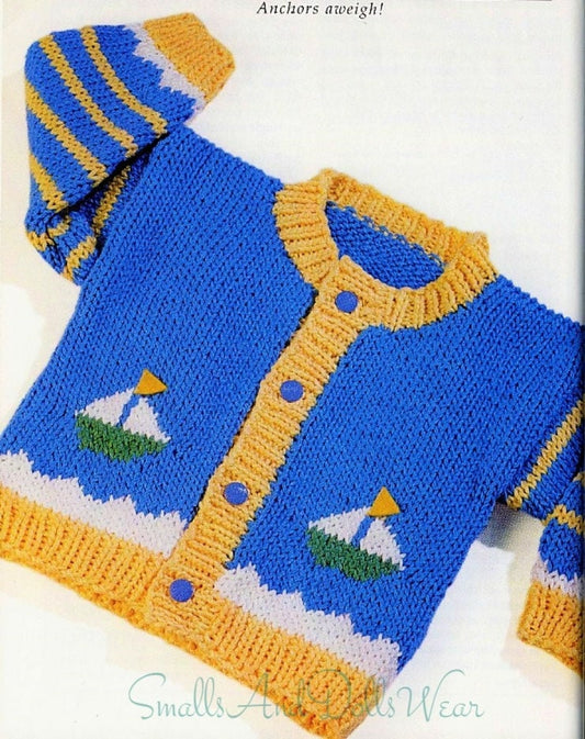 Vintage Knitting Pattern Baby Boy Knit Sailboat Motif Cardigan Sweater PDF Instant Digital Download Nautical Boats 0-24 m 10 Ply